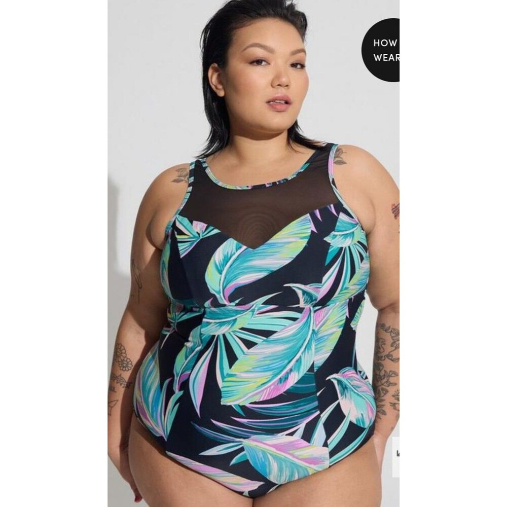 NWT Size 1 Torrid Wireless Mesh High Neck One Piece Swimsuit Palm Leaves